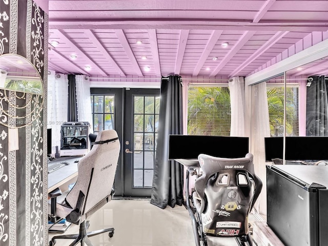 office area with beamed ceiling, french doors, and wooden ceiling