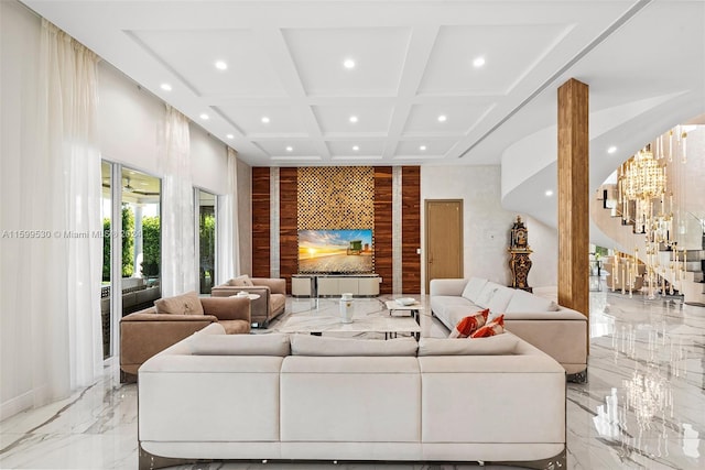 living room with beam ceiling and coffered ceiling