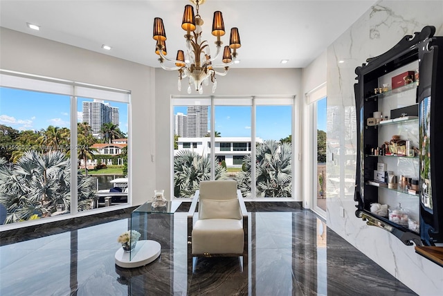 interior space with a chandelier