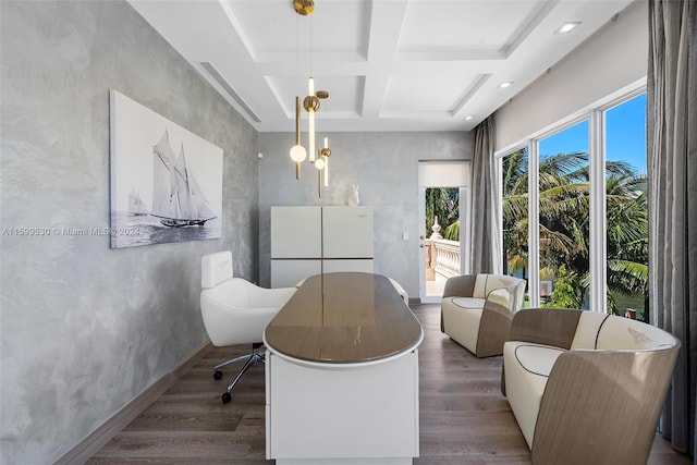 dining room with beamed ceiling, dark wood-type flooring, and coffered ceiling