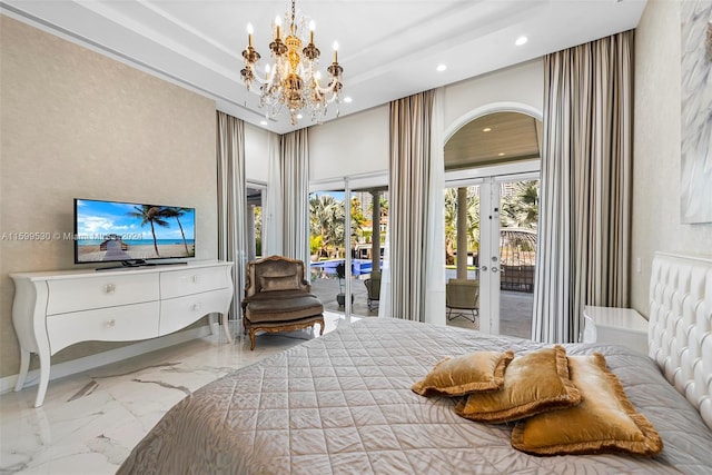 bedroom with a chandelier, french doors, and access to outside