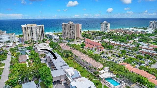 aerial view featuring a water view