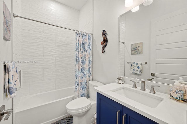 full bathroom featuring vanity, shower / bath combo, and toilet