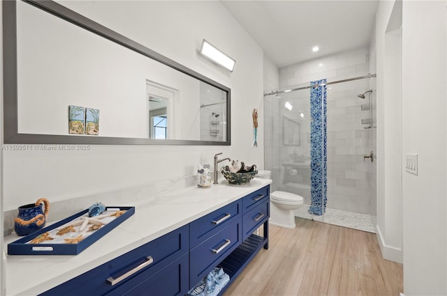 bathroom with vanity, curtained shower, wood-type flooring, and toilet