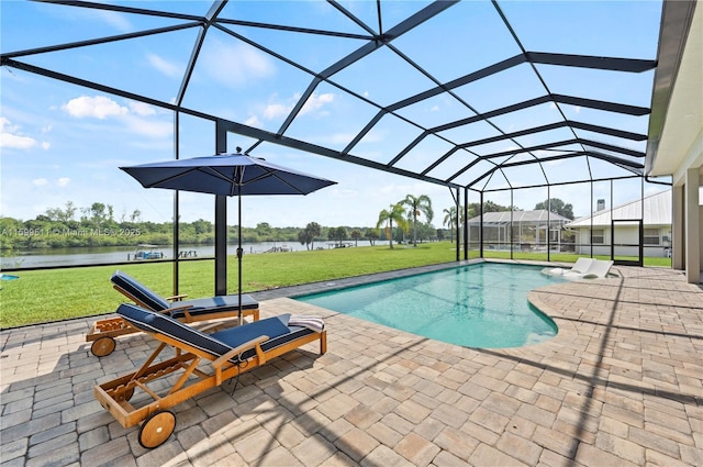 view of pool with a water view, a lawn, glass enclosure, and a patio area