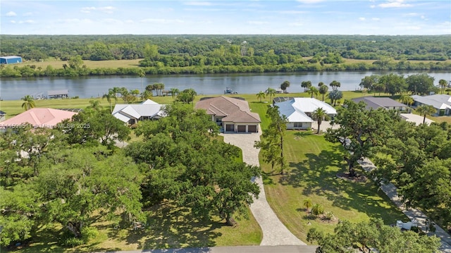 bird's eye view with a water view