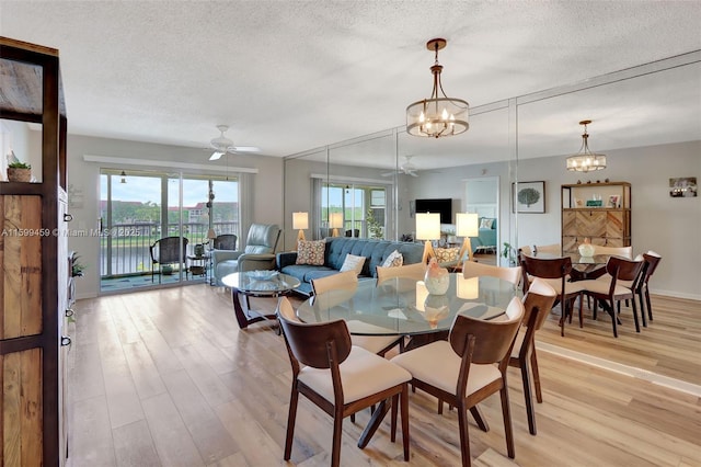 dining area with ceiling fan with notable chandelier, a textured ceiling, and light wood-type flooring