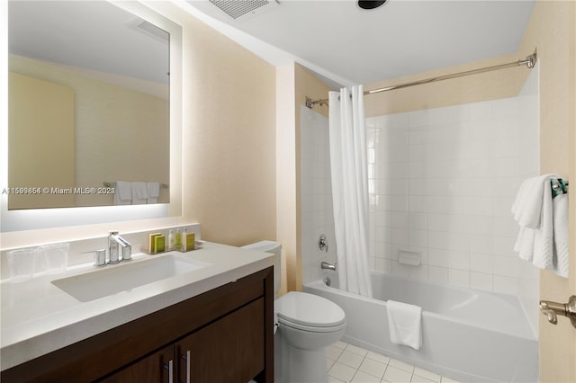 bathroom with visible vents, toilet, shower / bath combo with shower curtain, vanity, and tile patterned floors