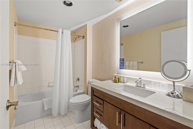 bathroom with toilet, tile patterned flooring, shower / bath combo, and vanity