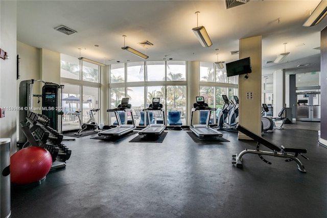 gym featuring visible vents and floor to ceiling windows