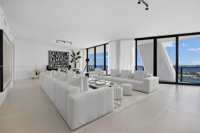 living room featuring plenty of natural light, light tile floors, and rail lighting