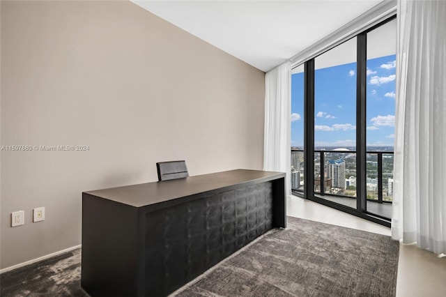 office with tile flooring and expansive windows