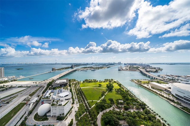 aerial view featuring a water view