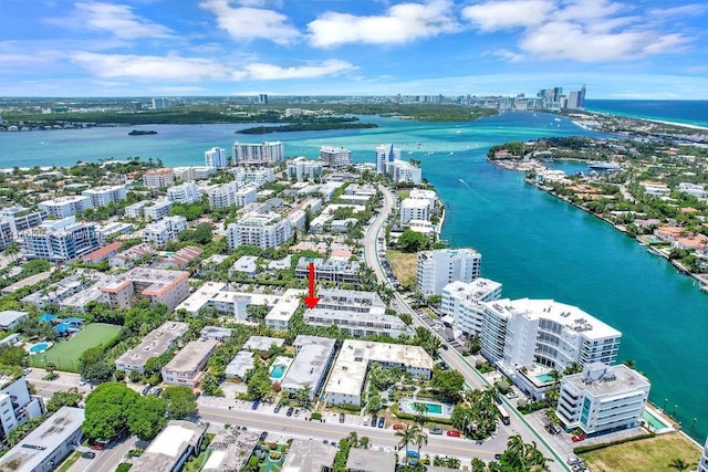 drone / aerial view featuring a water view