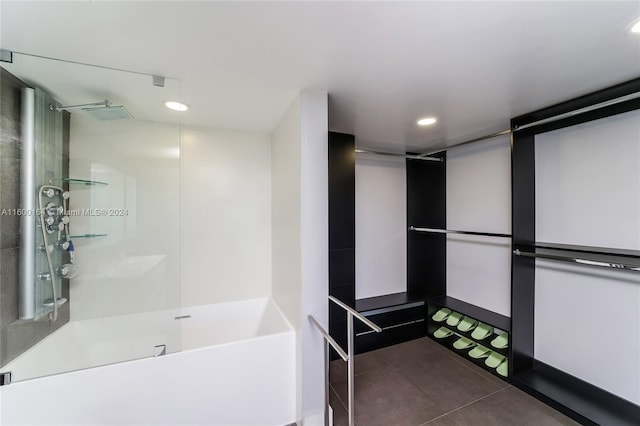 full bath featuring tile patterned flooring, a shower, recessed lighting, and a tub