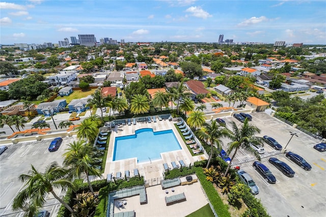 aerial view of a skyline view and a pool