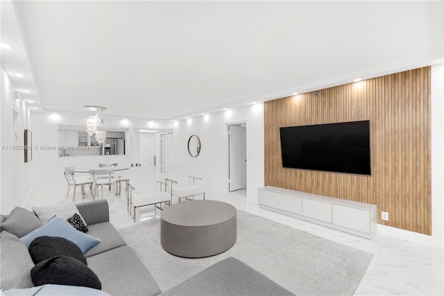 tiled living room with wooden walls