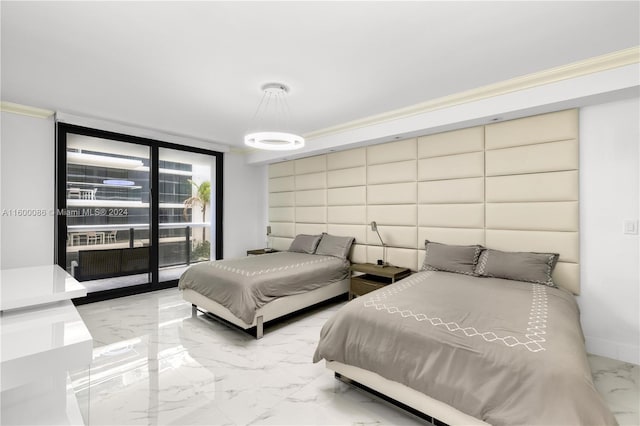 tiled bedroom featuring expansive windows