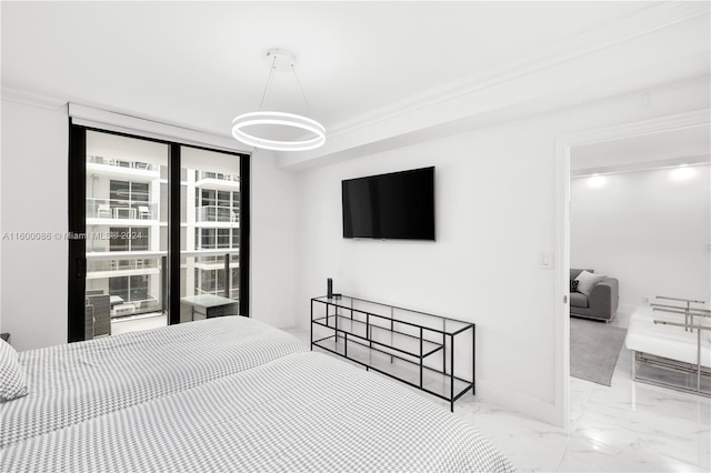 tiled bedroom featuring expansive windows and crown molding