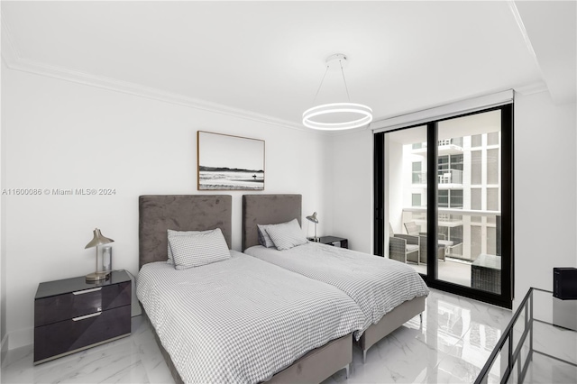 bedroom with multiple windows, light tile patterned floors, and ornamental molding