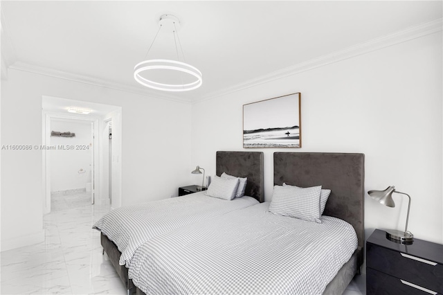 bedroom featuring light tile patterned floors and crown molding