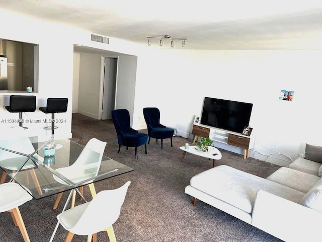 carpeted living room featuring rail lighting