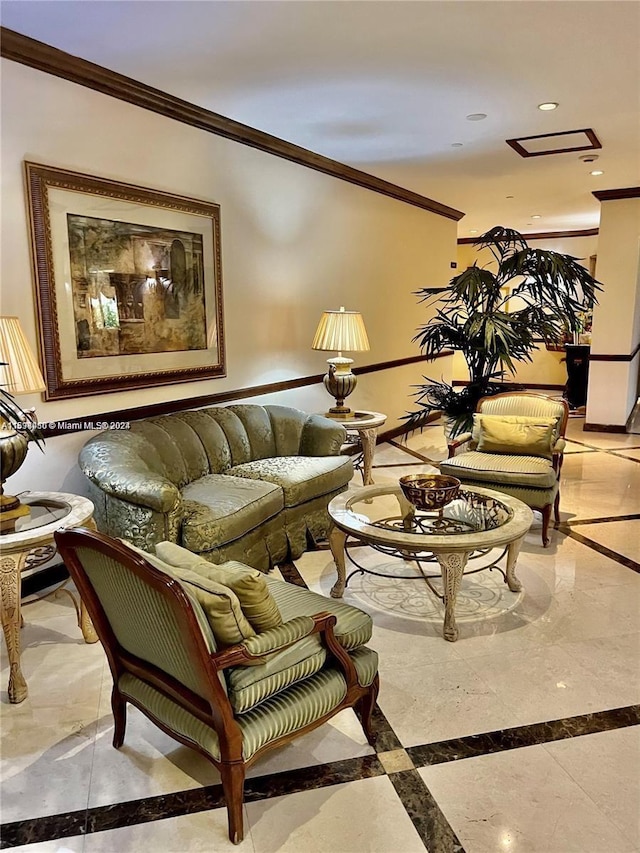 living room featuring ornamental molding