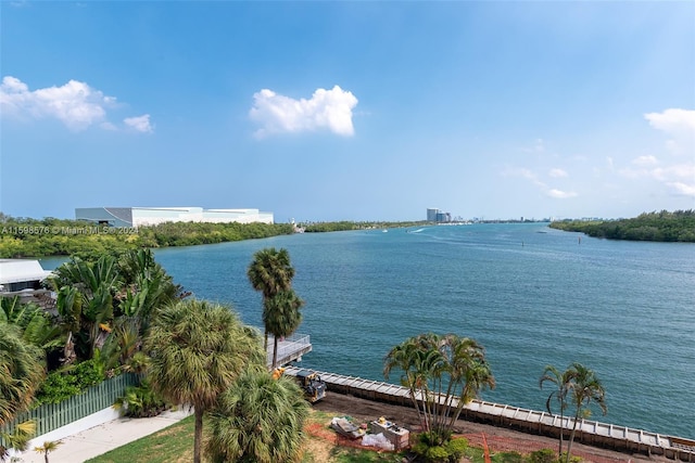 property view of water featuring a boat dock