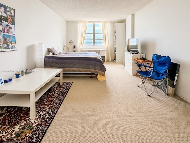 bedroom with a textured ceiling and light carpet