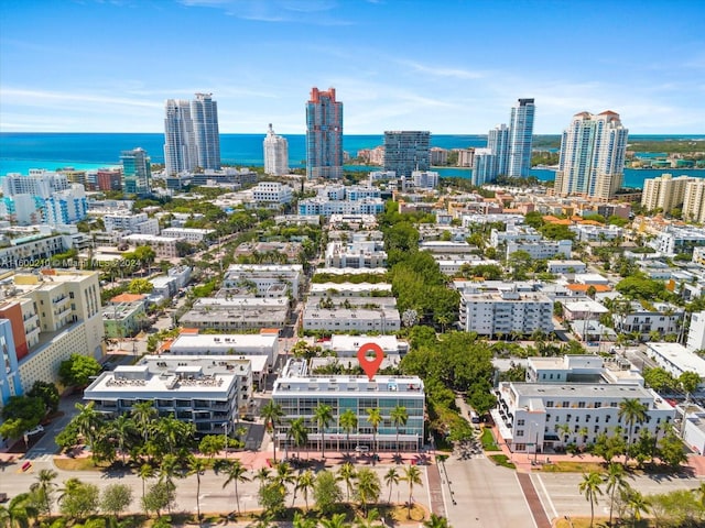 drone / aerial view featuring a water view