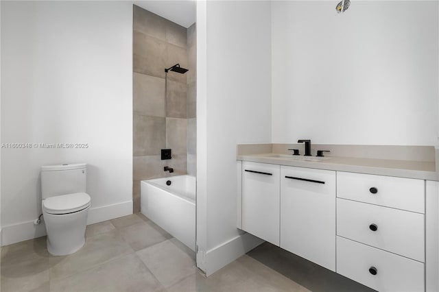 bathroom featuring baseboards, toilet, tile patterned floors, vanity, and  shower combination