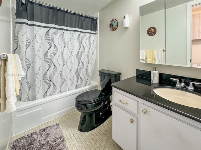 full bathroom featuring vanity, toilet, and shower / bathtub combination with curtain