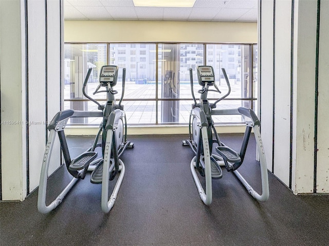 gym featuring a paneled ceiling and plenty of natural light