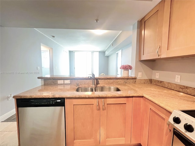 kitchen featuring range with electric cooktop, sink, stainless steel dishwasher, and light brown cabinets