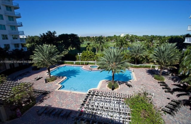 view of swimming pool with a hot tub