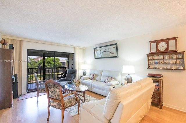 living room with light hardwood / wood-style floors and a textured ceiling