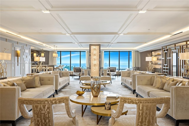 living room featuring a wealth of natural light and coffered ceiling