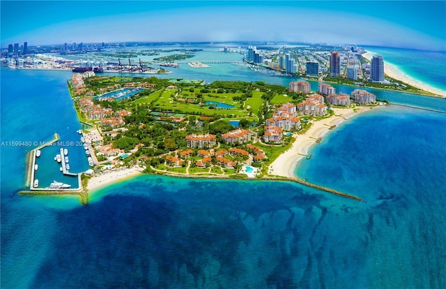 drone / aerial view with a water view and a beach view