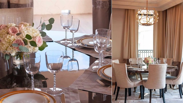 dining room with crown molding and an inviting chandelier