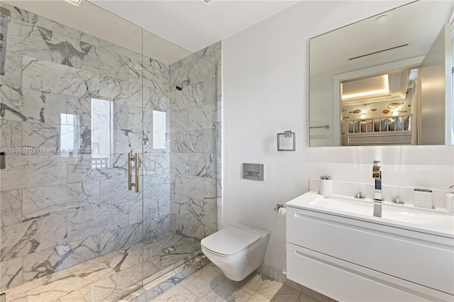 bathroom with a marble finish shower, marble finish floor, toilet, and vanity