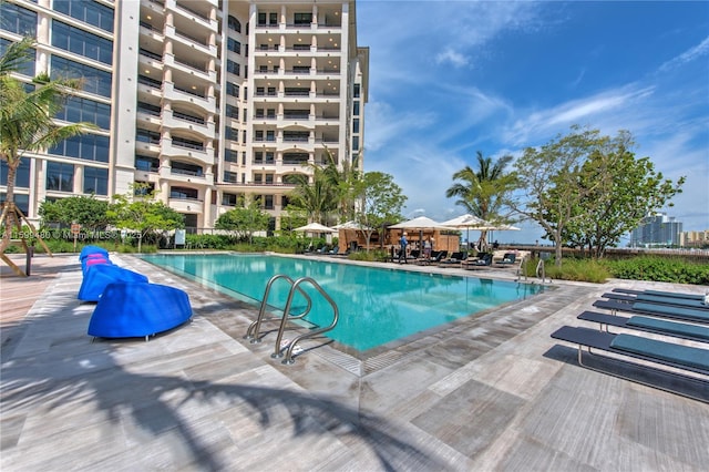 view of swimming pool featuring a patio area