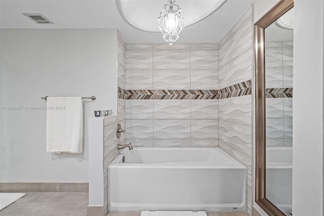 bathroom with tile flooring, separate shower and tub, and a chandelier