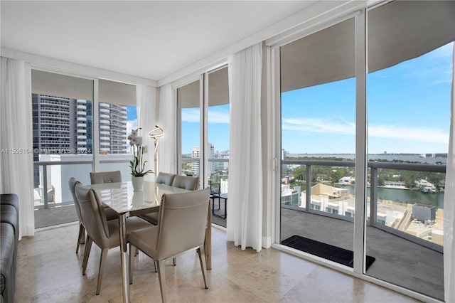 dining area featuring a water view and a healthy amount of sunlight