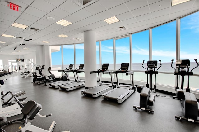 workout area with expansive windows and a drop ceiling