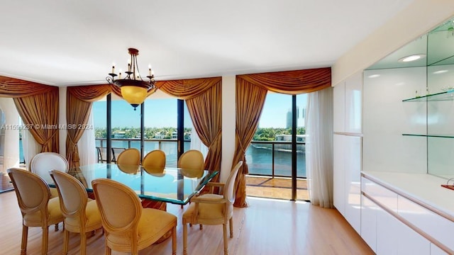 dining space with a water view and light hardwood / wood-style flooring