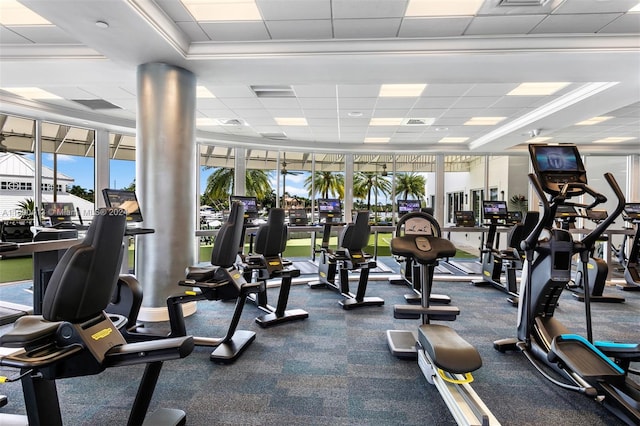 exercise room featuring ornamental molding, a drop ceiling, and floor to ceiling windows