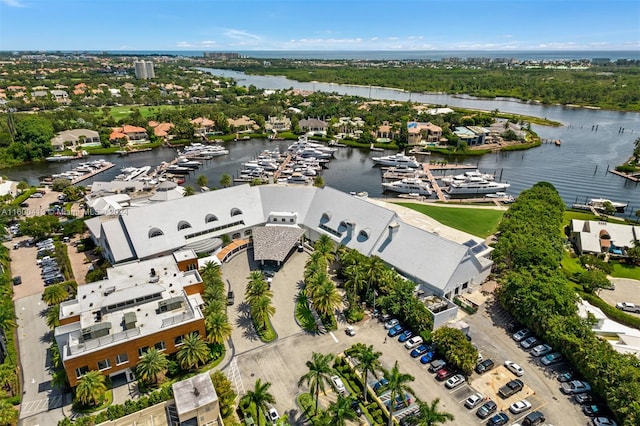 bird's eye view with a water view