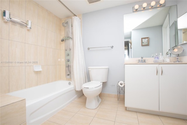 full bath featuring tile patterned floors, toilet, vanity, and shower / bathtub combination with curtain