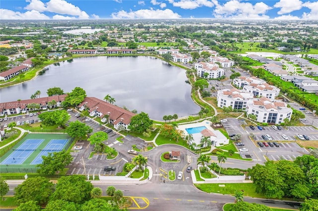 bird's eye view with a water view