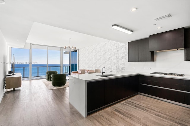 kitchen with stainless steel gas stovetop, light wood-style floors, visible vents, and a sink